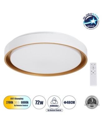 GLOBOSTAR® BARCHETTA 61048-S Μοντέρνο Φωτιστικό Οροφής LED 72W 8306lm 120° AC 220-240V IP20 Ρυθμιζόμενο Λευκό CCT με Χειριστήριο από 2700K έως 6000K Dimmable - Lumileds SMD Chip - Λευκό Ματ & Χρυσό - Μ48 x Π48 x Υ8.2cm - 3 Χρόνια Εγγύηση